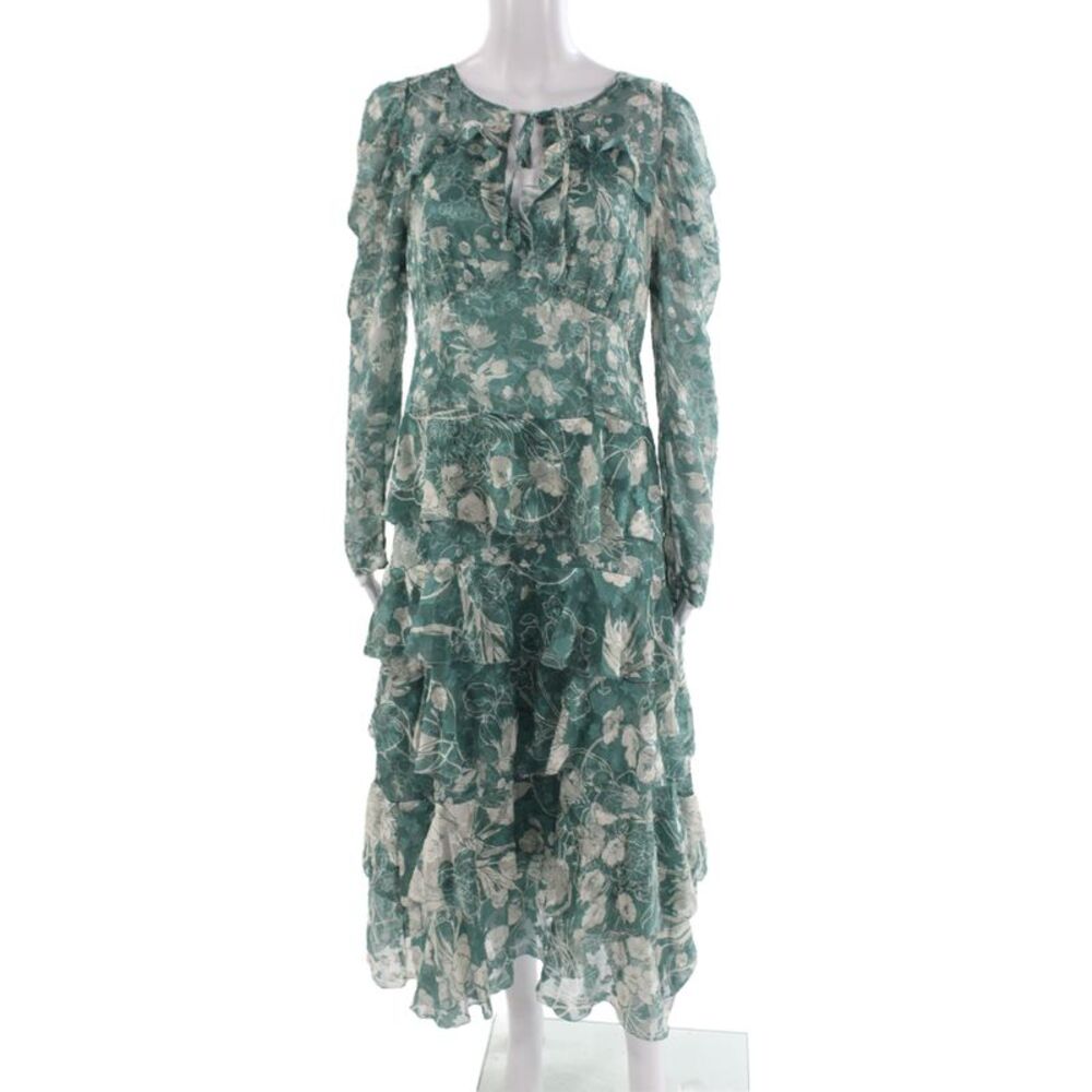 Marchesa Notte Women Fit & Flare Maxi Dress Green Long Sleeve Tie Size 8